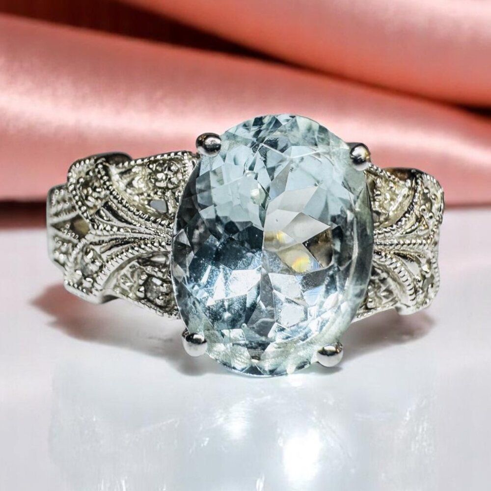 10K White Gold -Art Deco -Aquamarine & Diamond Ring -Sz 7- Filigree Ring- 2.8g